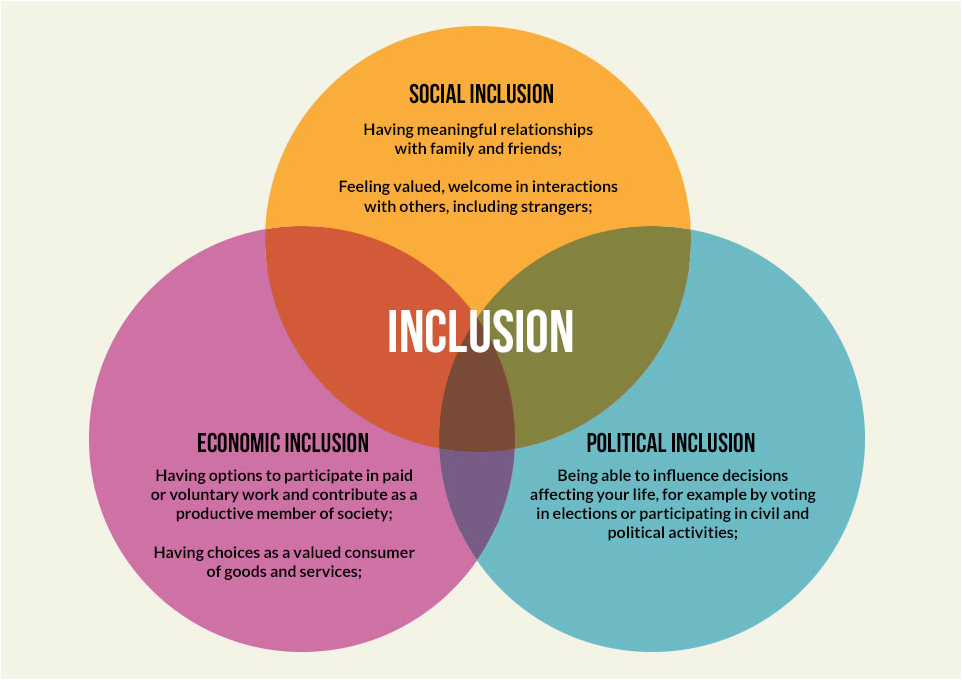 Social inclusion: having meaningful relationships with family and friends; Feeling valued, welcome in interactions with others, including strangers;  Economic inclusion: having options to participate in paid or voluntary work and contribute as a productive member of society; Having choices as a valued consumer  of goods and services;  Political inclusion: Being able to influence decisions affecting your life, for example by voting in elections or participating in civil and political activities;